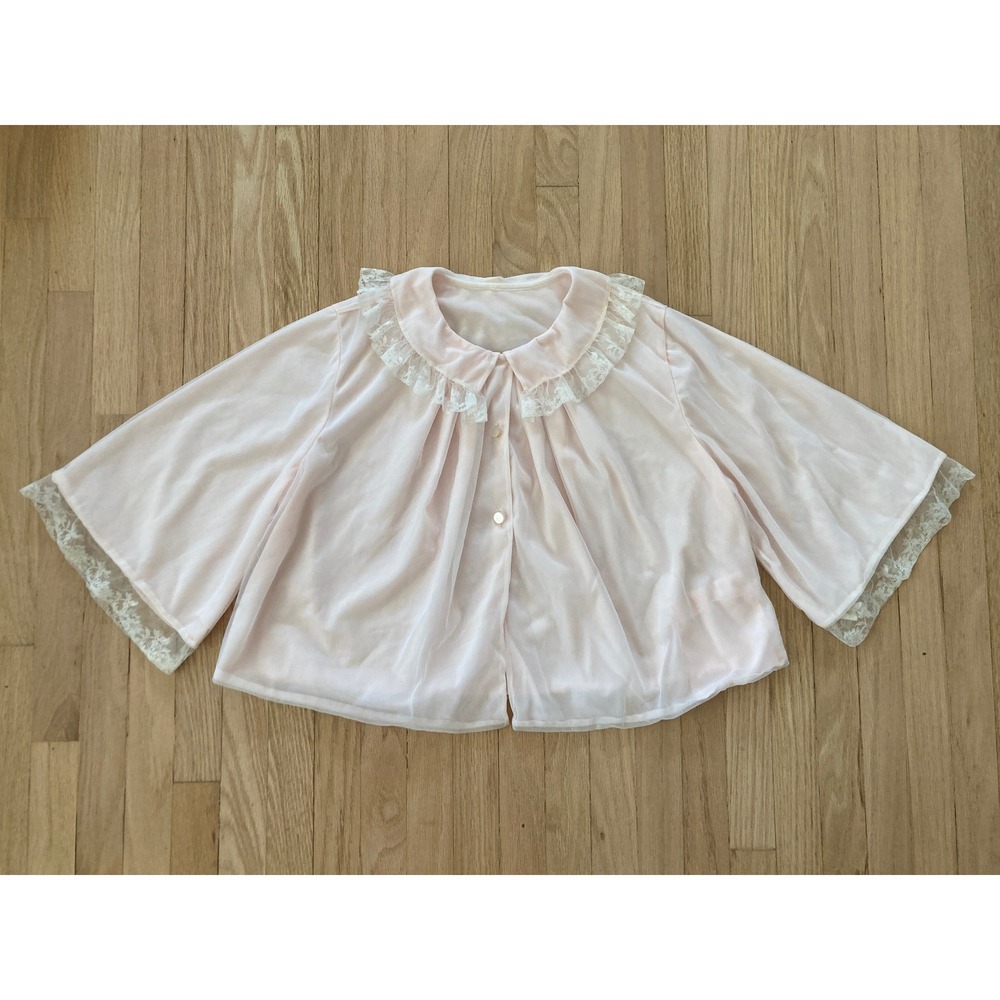 VTG Stella Fagin Pink Lace Trim Babydoll Bed Jacket Cottagecore Grandmacore Cute